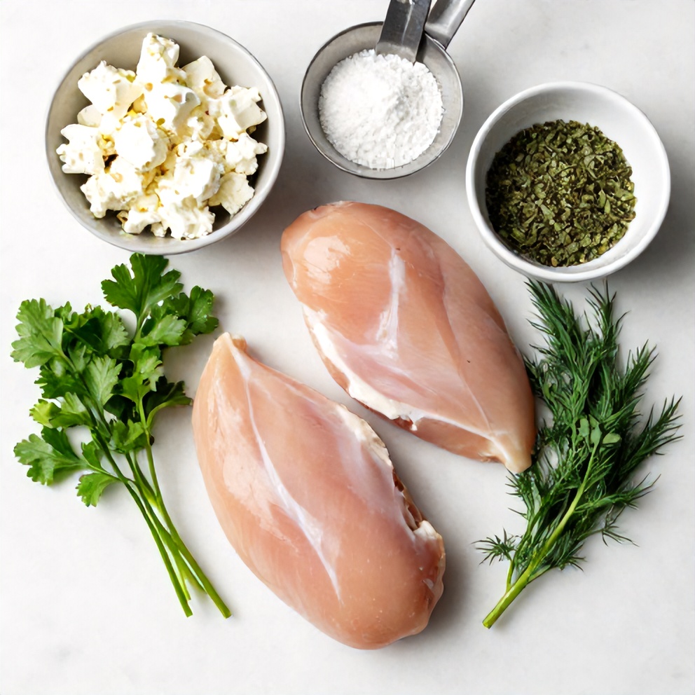 Fresh chicken breast, feta cheese, parsley, dill, oregano, and lemon. Measuring spoons and bowls. Bright natural light. Overhead food photography.