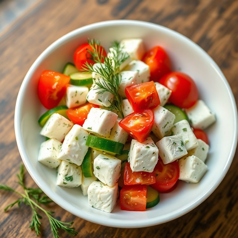 One perfect serving of Greek feta cucumber salad garnished with fresh dill, plated in a shallow white bowl, close-cropped, with warm lighting catching the creamy feta and vegetables.