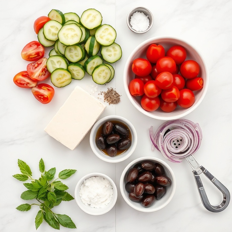 Overhead flat lay of raw ingredients for Greek feta cucumber salad: English cucumbers, cherry tomatoes, block feta, red onion, Kalamata olives. Small prep bowls with oregano and lemon. Measuring spoons and cups on white marble.