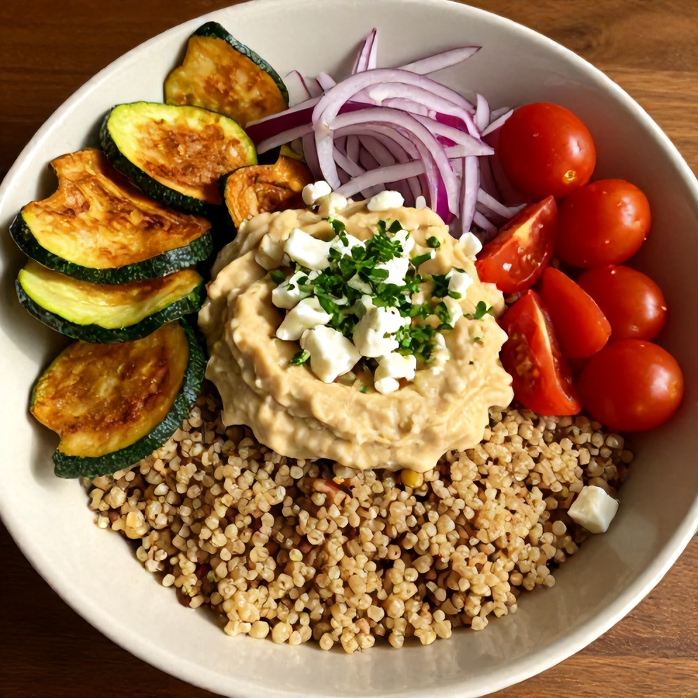 Greek Grain Bowl with Halloumi and Zucchini Crisps