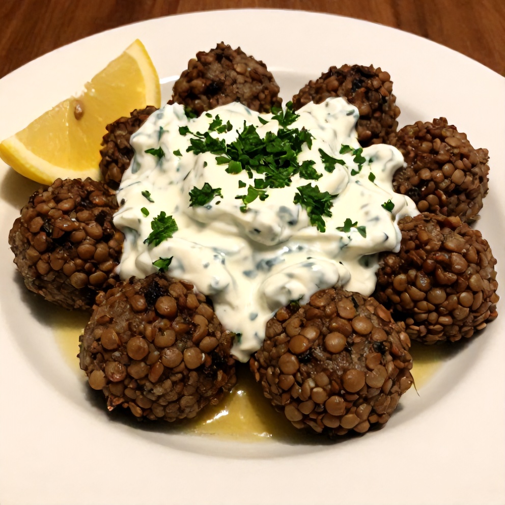 Plated Greek Lentil Meatballs with Tzatziki Sauce