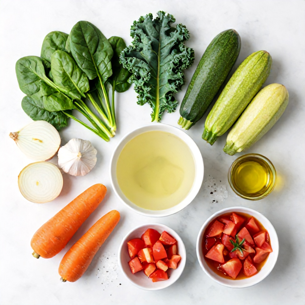 Raw ingredients for Green Vegetable Soup on a marble surface