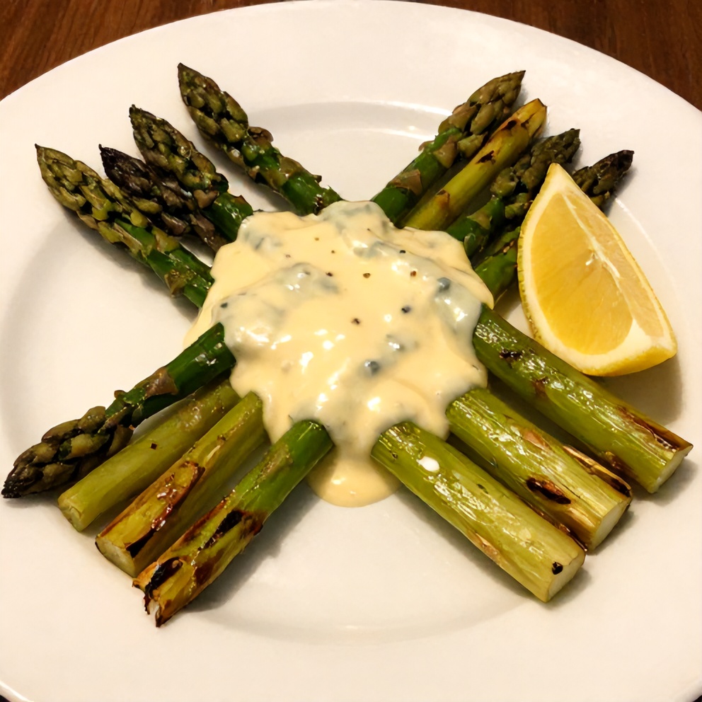 Plated grilled asparagus with tahini lemon sauce