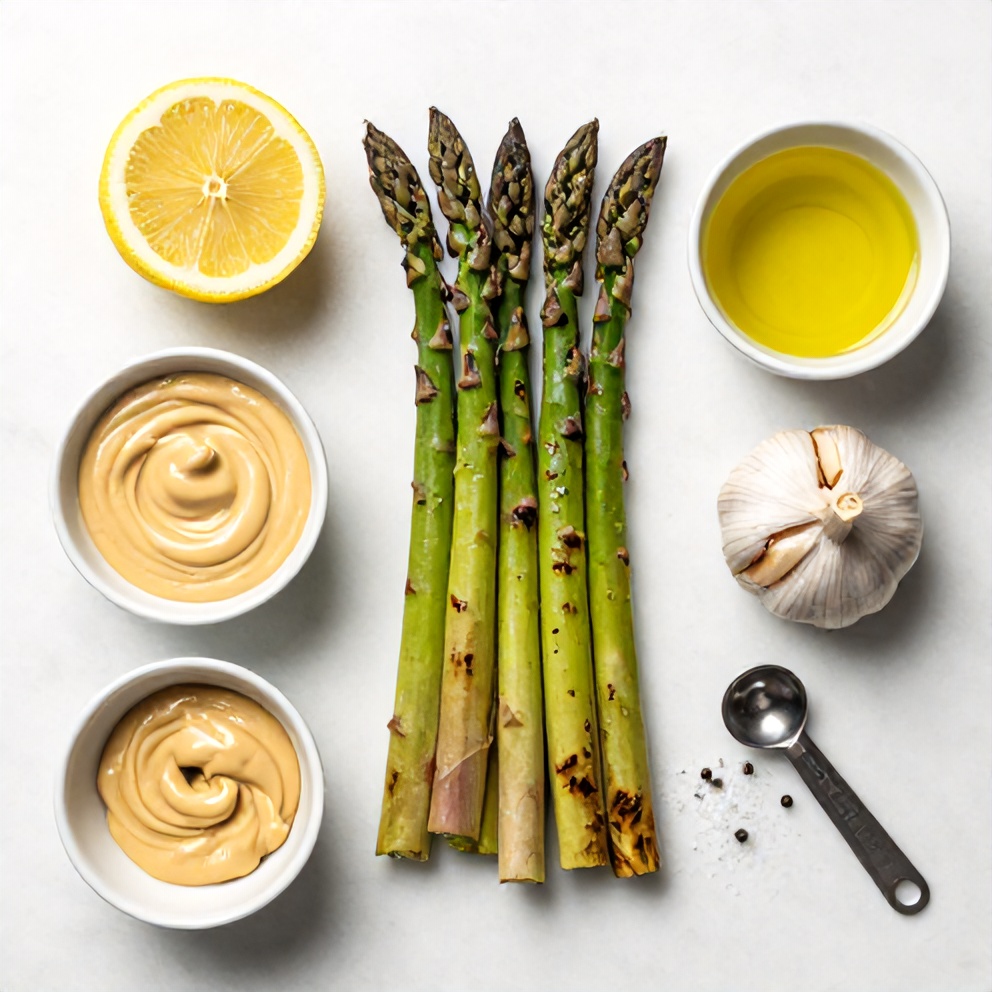 Raw ingredients for grilled asparagus with tahini lemon sauce