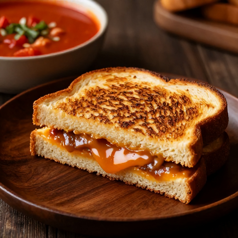Grilled cheese sandwich on a plate with tomato soup