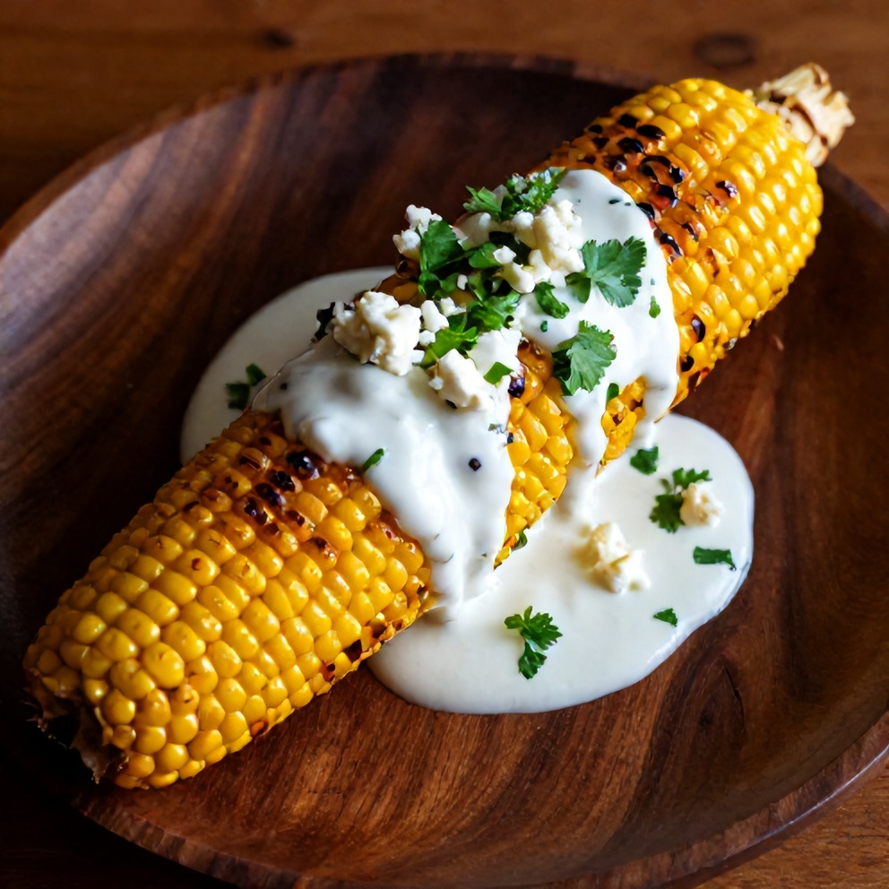 Plated grilled corn with chili lime yogurt sauce