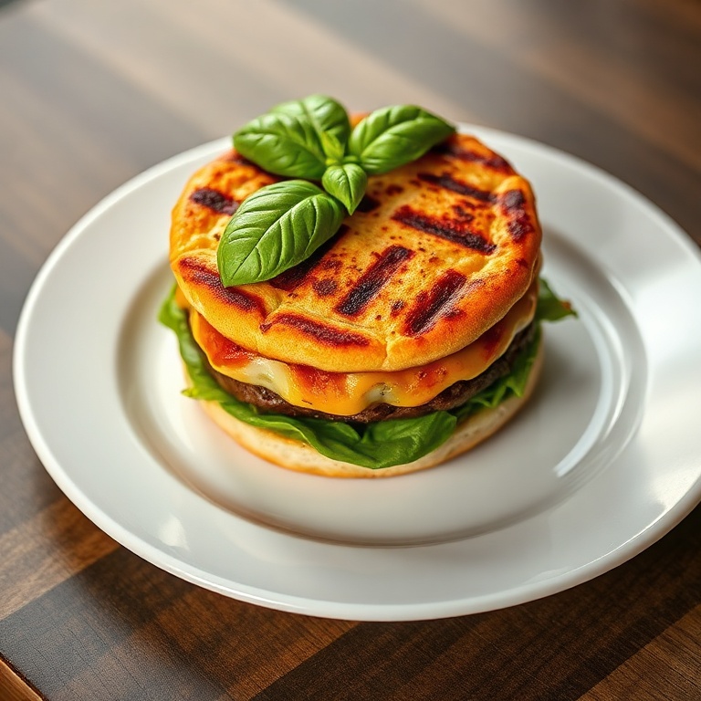 One perfect plated serving of a grilled pizza burger. Fresh basil garnish. White ceramic plate. Warm side lighting showing texture. Photorealistic food photography style.