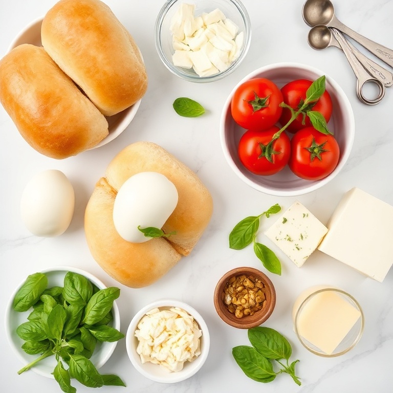 Fresh mozzarella, pepperoni, burger buns, tomato, basil, and cheese arranged as an overhead flat lay. Prep bowls and measuring spoons visible. White marble surface. Bright even natural light.