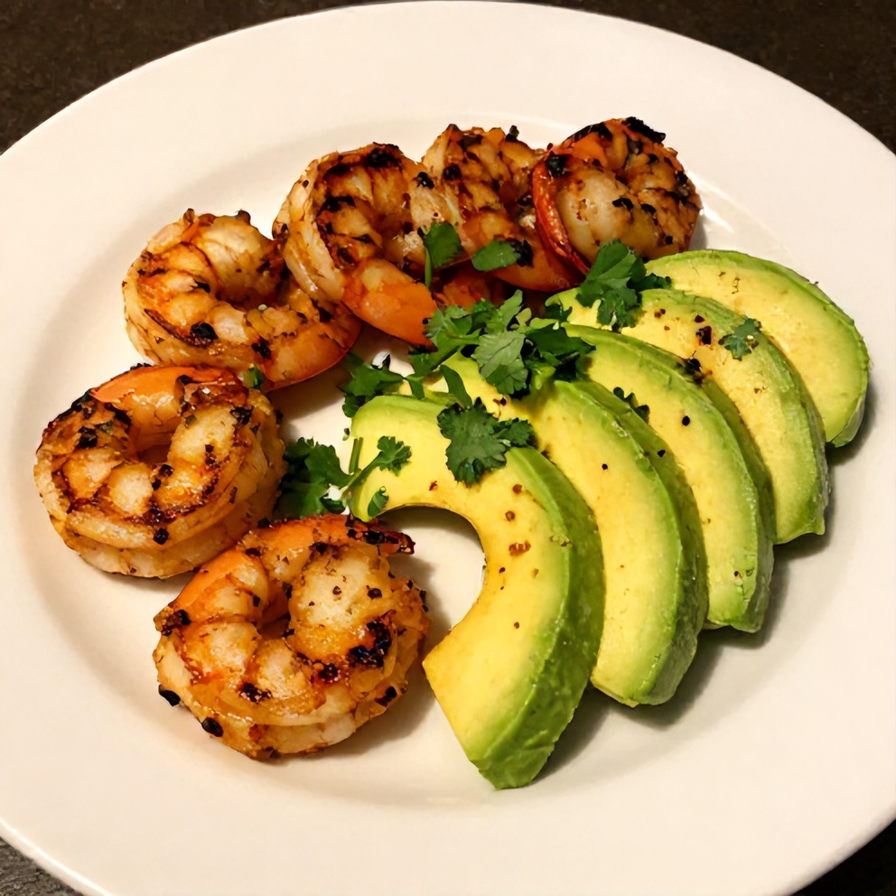 Grilled Shrimp and Avocado Bowl garnished with cilantro on a white plate