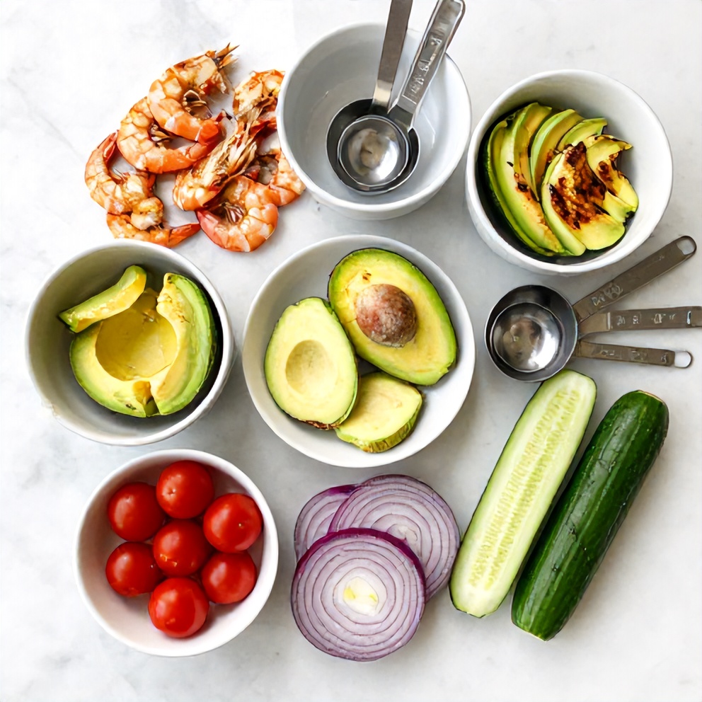 Ingredients for Grilled Shrimp and Avocado Bowl on a marble surface