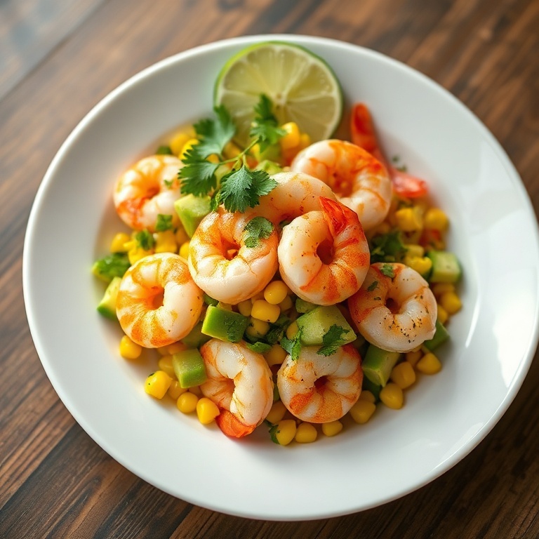 A perfectly plated shrimp bowl with avocado and corn salsa. Topped with lime and cilantro on a white plate.