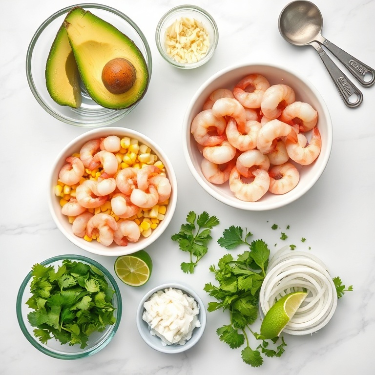 Raw shrimp, avocado, corn, lime, cilantro, onion, and garlic arranged in a clean flat lay. Measuring tools and bowls visible.
