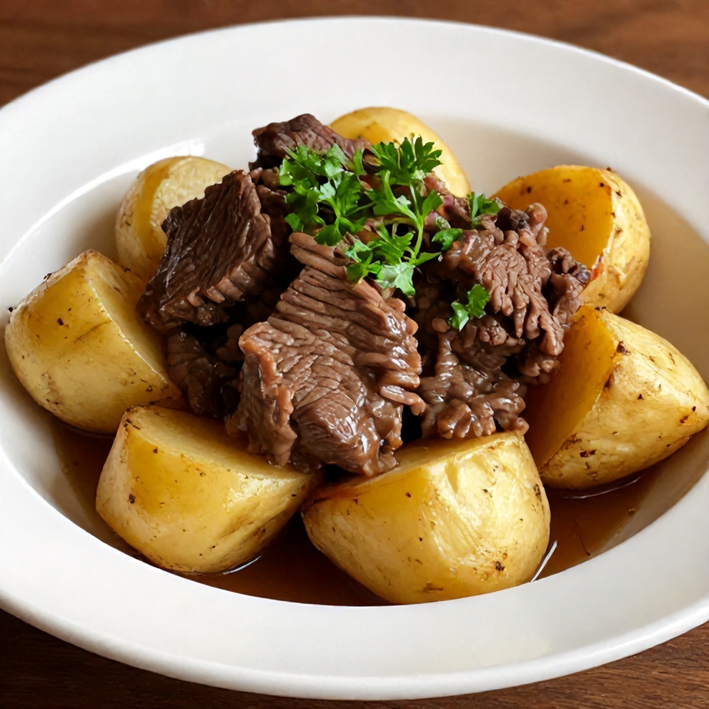 A perfect serving of beef and potatoes in a white ceramic bowl. Fresh parsley as garnish. Warm side lighting. Close crop. Photorealistic food photography. No text. No watermark.