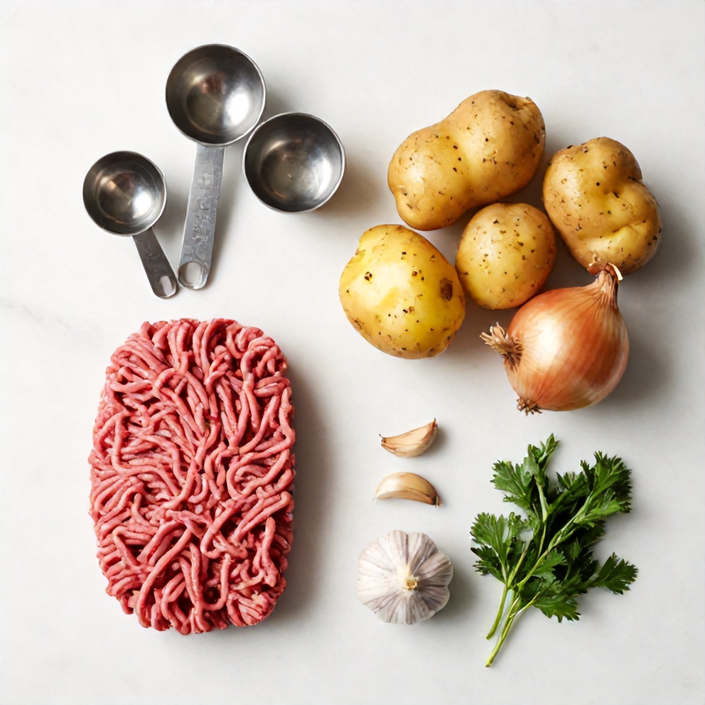 Fresh ground beef, potatoes, onion, garlic, and herbs laid out in a flat lay. Measuring spoons and cups visible. White marble surface. Bright even light. Photorealistic food photography. No text. No watermark.