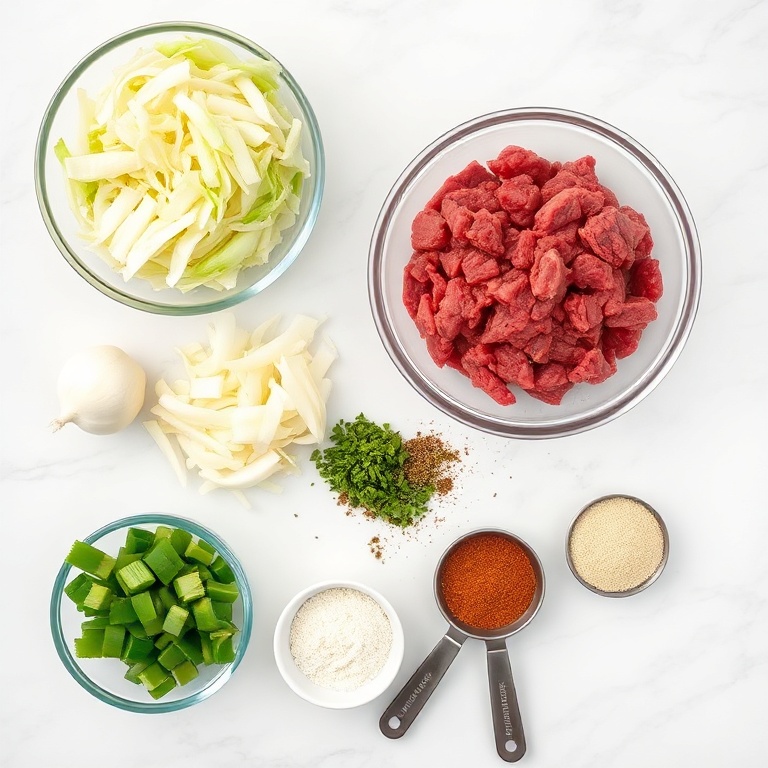 Raw ingredients for beef cabbage skillet. Ground beef, cabbage, onion, garlic, and taco seasoning. Measuring spoons and bowls visible.