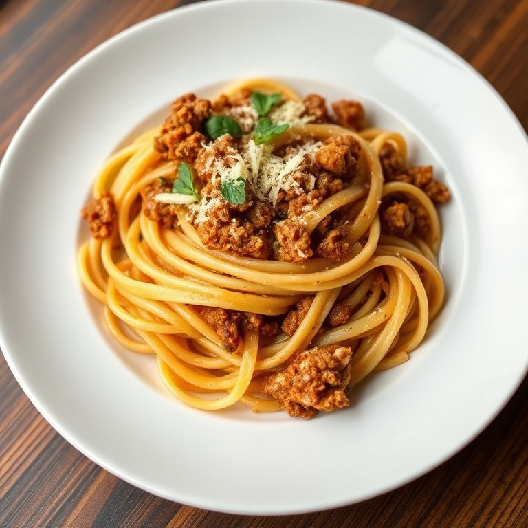 A single serving of ground turkey pasta with parmesan and fresh herbs on a white porcelain plate. Close crop shows rich sauce and tender pasta. Warm side lighting. Photorealistic food photography.