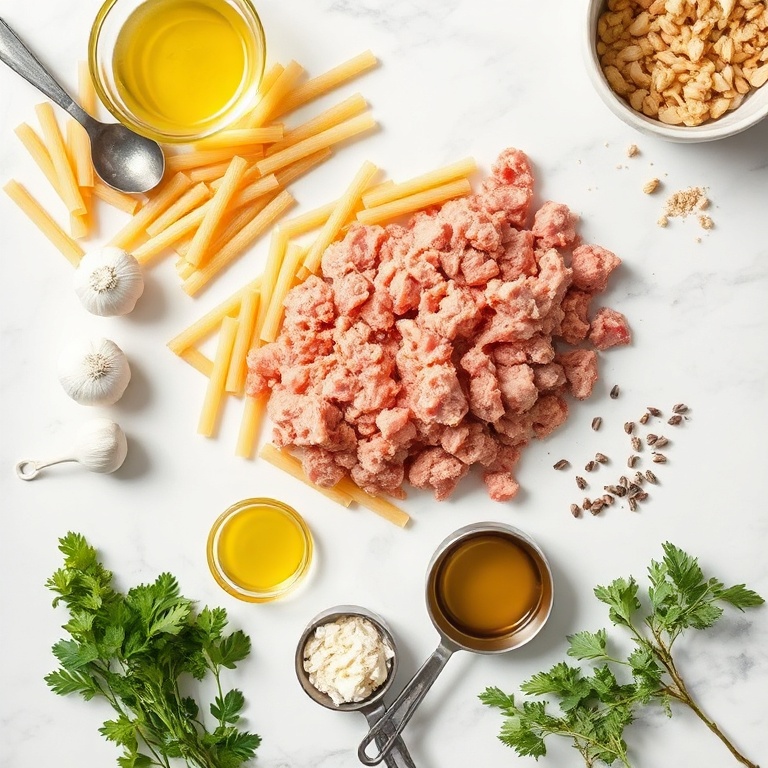 Overhead flat lay of ground turkey, pasta, garlic, olive oil, and herbs on white marble. Measuring spoons and bowls visible. Bright natural light. Photorealistic food photography.