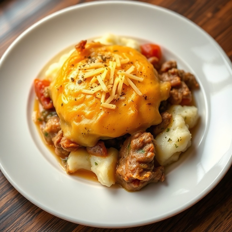 Perfectly plated turkey shepherd’s pie with a sprinkle of cheddar. Creamy mashed potatoes and juicy meat. Warm side lighting. White ceramic plate. Photorealistic food photography.