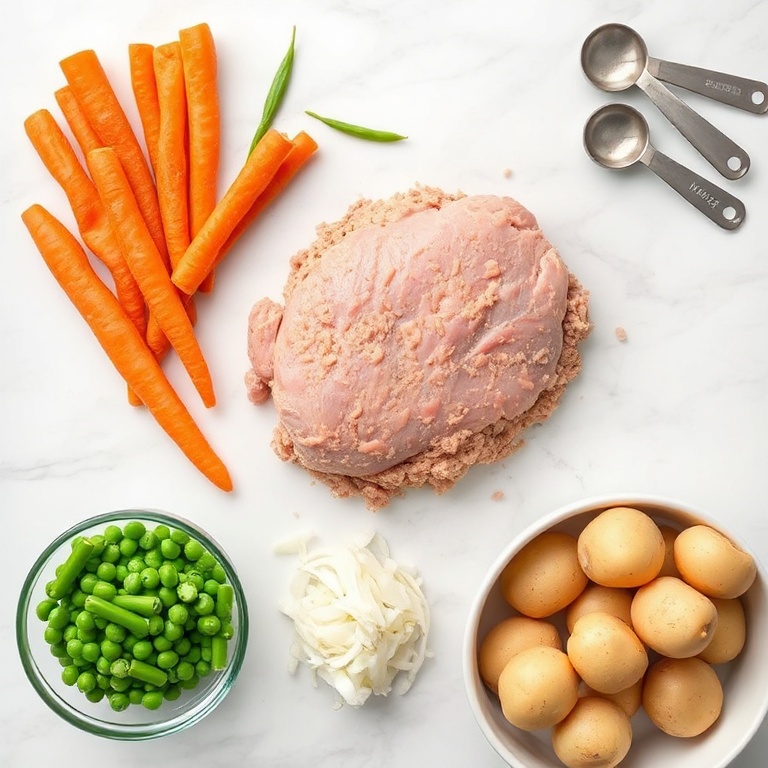 Raw ground turkey, carrots, peas, onions, and potatoes arranged in an overhead flat lay. Measuring spoons and bowls visible. White marble surface. Bright even light.