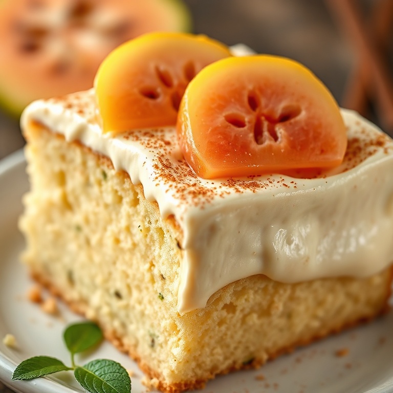 Sliced Hawaiian guava cake with creamy frosting. Topped with fresh guava slices and a sprinkle of cinnamon.