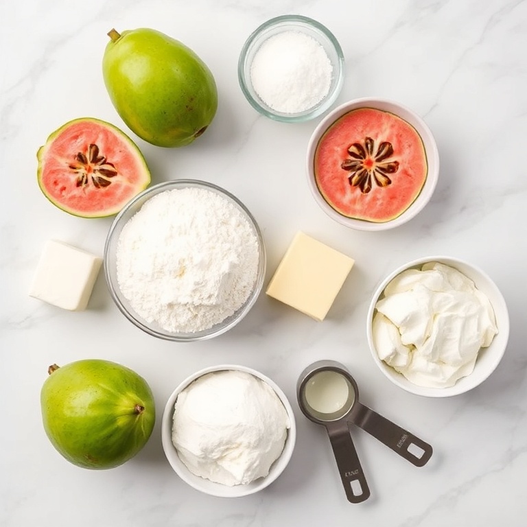 Fresh guava, flour, sugar, butter, and cream cheese arranged in a flat lay. Measuring cups and bowls nearby.