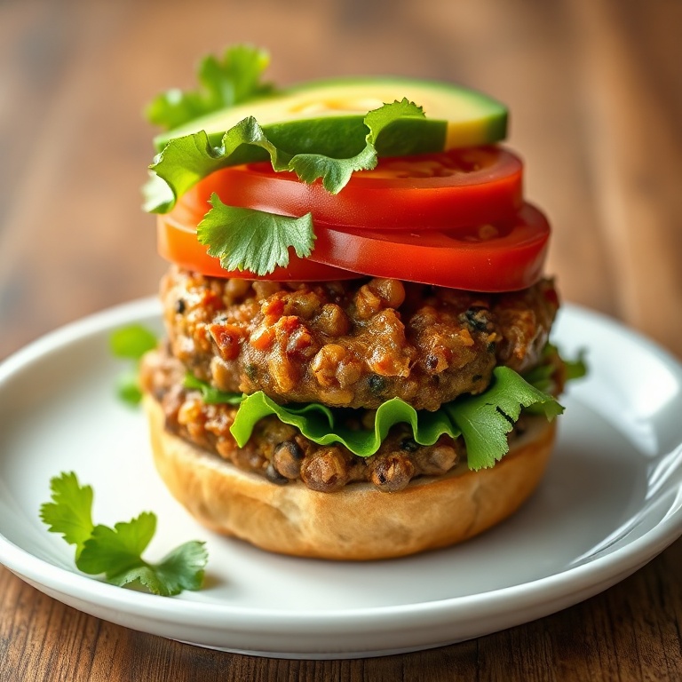 Perfectly cooked beef and lentil burger with lettuce, tomato, and avocado on a bun