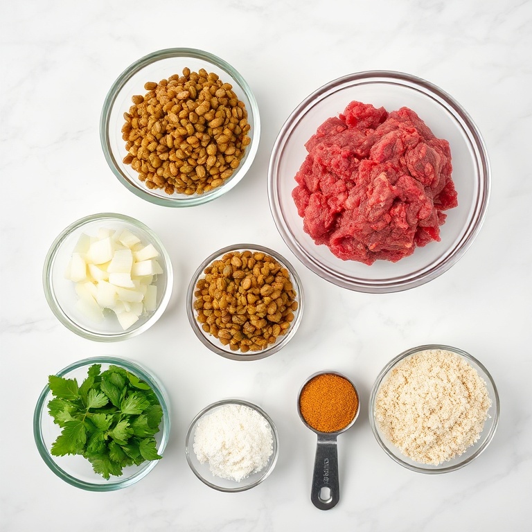 Raw ingredients for beef and lentil burgers including ground beef, lentils, onion, garlic, and bread crumbs