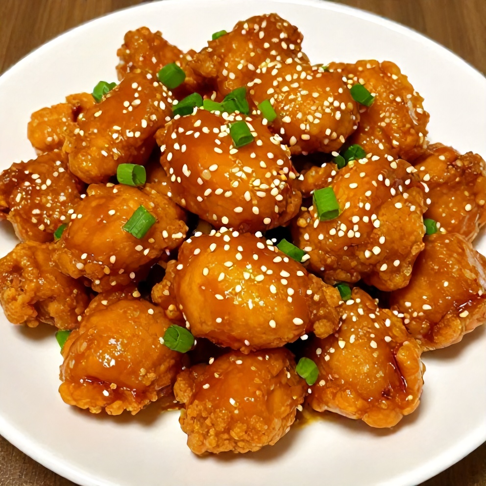 Plated orange chicken with steamed rice
