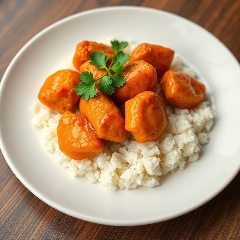 Perfect plated serving of orange chicken. Garnished with cilantro. White ceramic plate. Warm side lighting highlights texture. Photorealistic food photography. No text. No watermark.