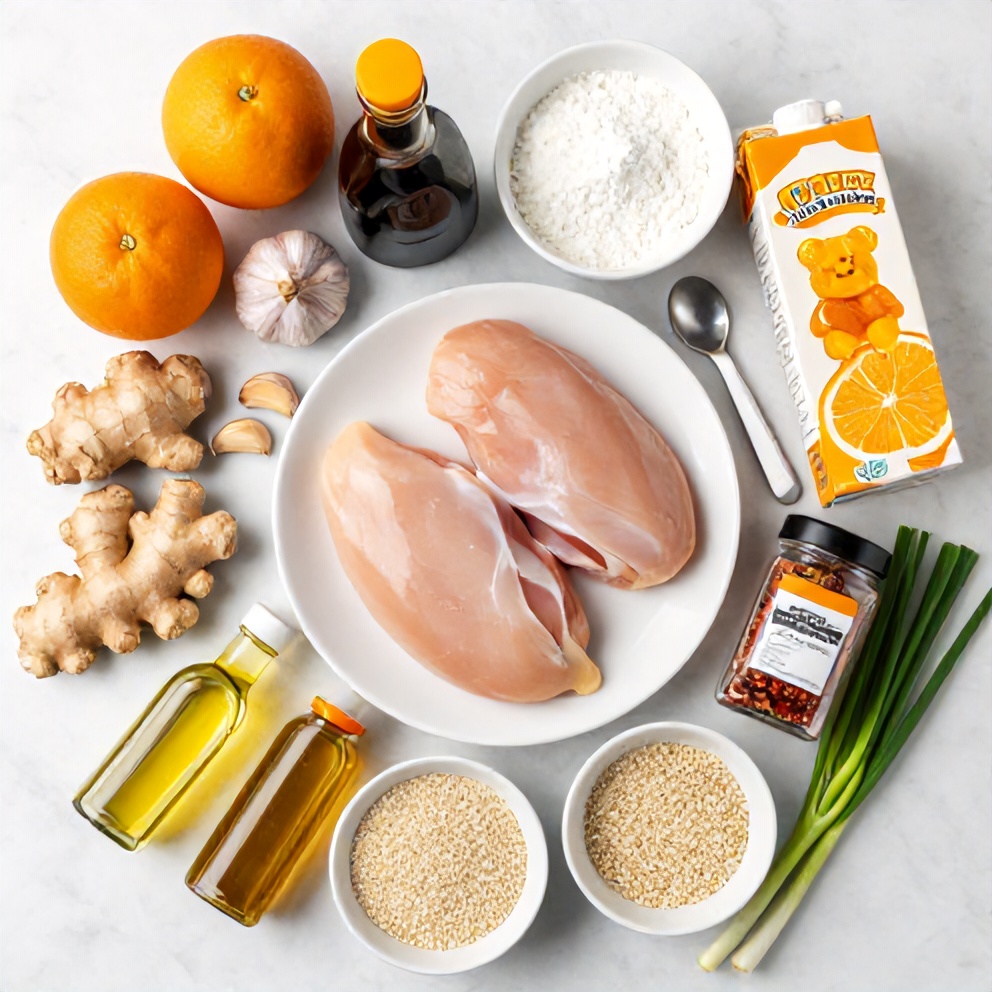 Raw ingredients for orange chicken: chicken, oranges, garlic, ginger, soy sauce, cornstarch, honey, orange juice, rice vinegar, sesame oil, red pepper flakes, green onions, sesame seeds