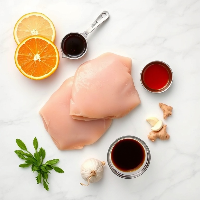 Overhead flat lay of orange chicken ingredients. Chicken breast, orange juice, soy sauce, garlic, ginger. Measuring spoons and bowls visible. White marble surface. Bright even light. Photorealistic food photography. No text. No watermark.