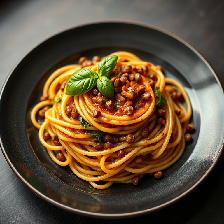 A single serving of healthy spaghetti with lentils, garnished with fresh basil. The plate is dark with a white rim, and the sauce is rich and glossy. Warm light emphasizes the texture of the pasta and herbs.