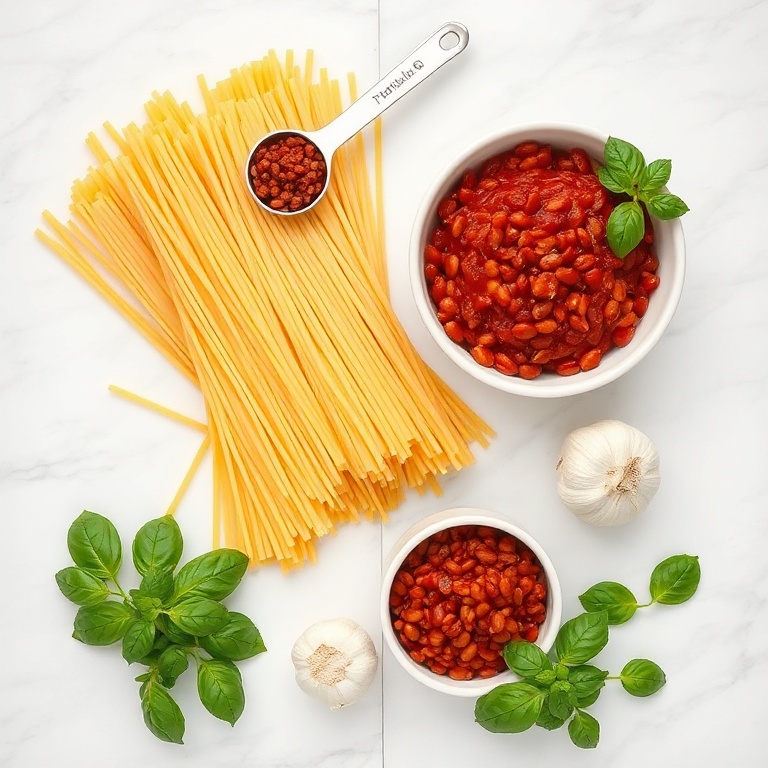 Raw ingredients laid out in a neat flat lay: spaghetti noodles, red lentils, marinara sauce, fresh basil, and garlic. Measuring spoons and bowls add a homey touch. Bright light showcases the fresh vegetables and vibrant colors.