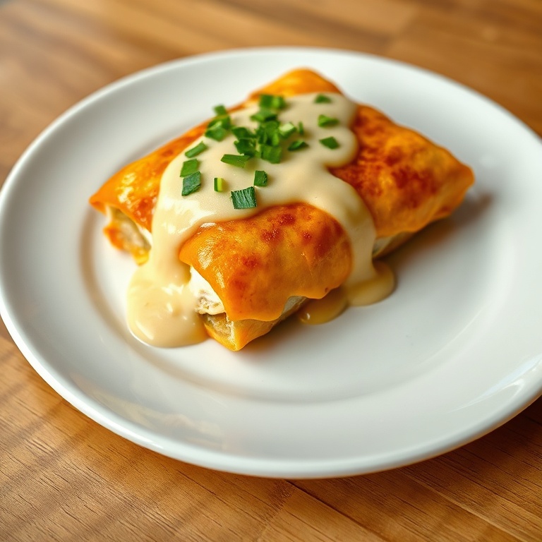 One sliced serving of creamy chicken enchiladas on a white ceramic plate, sprinkled with fresh cilantro and diced tomatoes. Close up with creamy sauce oozing out.
