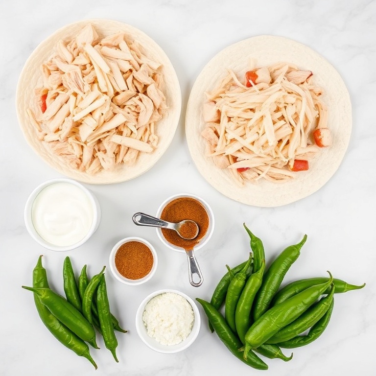Overhead shot of shredded chicken, flour tortillas, shredded cheese, Greek yogurt, and green chiles as the five most prominent ingredients for these enchiladas.