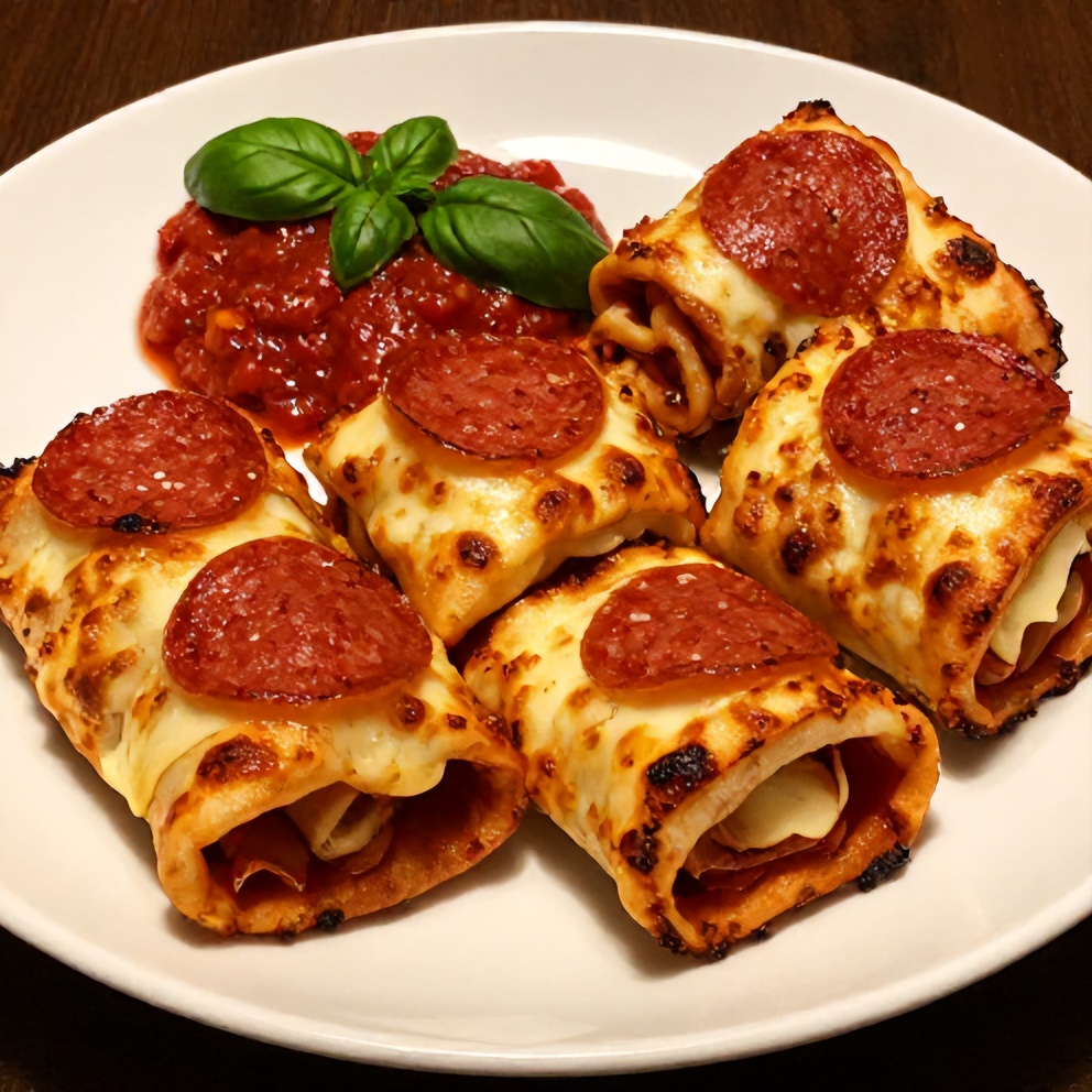 Pepperoni pizza rolls on a plate with a side of marinara sauce