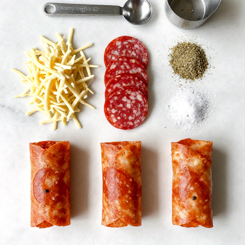 Raw ingredients for high protein pepperoni pizza rolls on a white marble surface