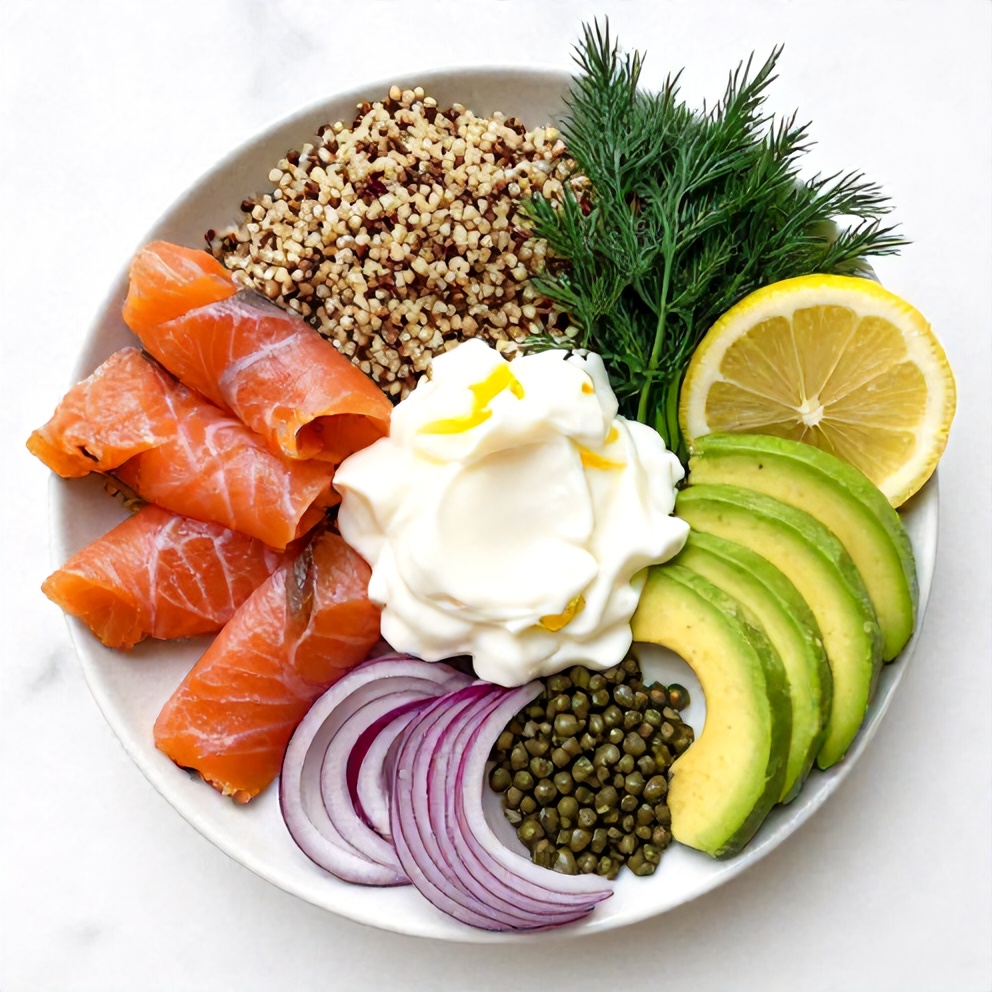 Raw ingredients for smoked salmon quinoa breakfast bowls
