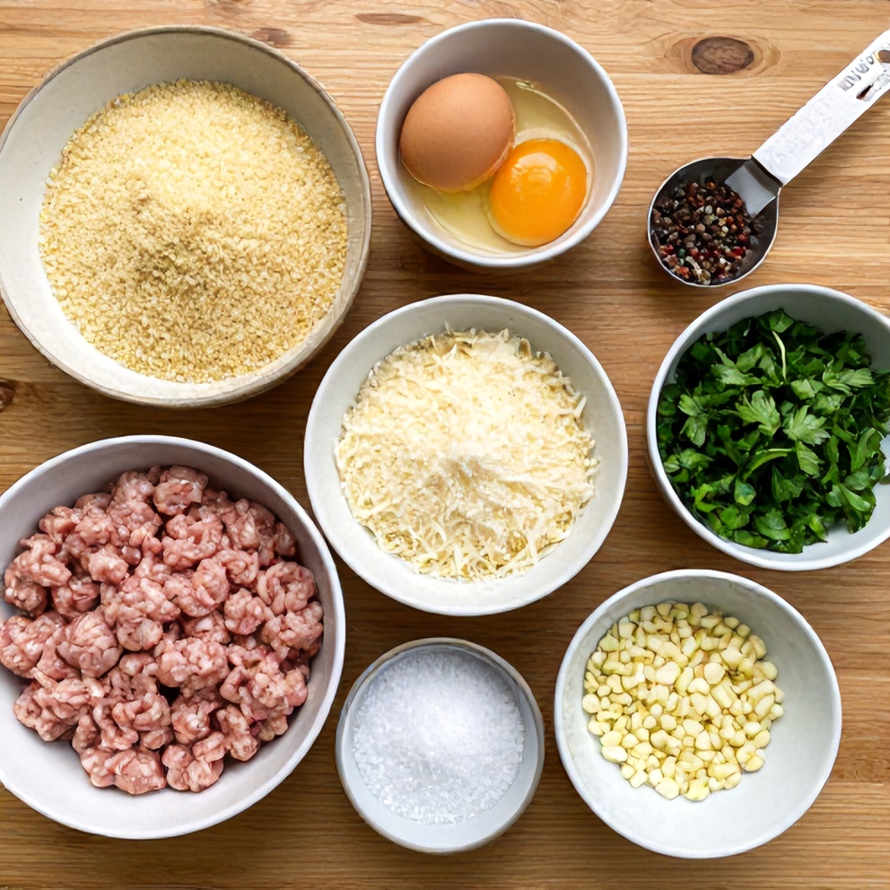 Ingredients for Turkey Meatballs Meal Prep laid out on a wooden surface