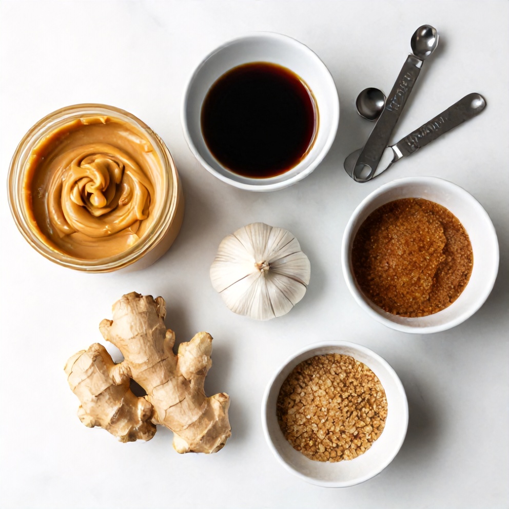 Peanut butter, soy sauce, garlic, ginger, and other ingredients for homemade peanut sauce