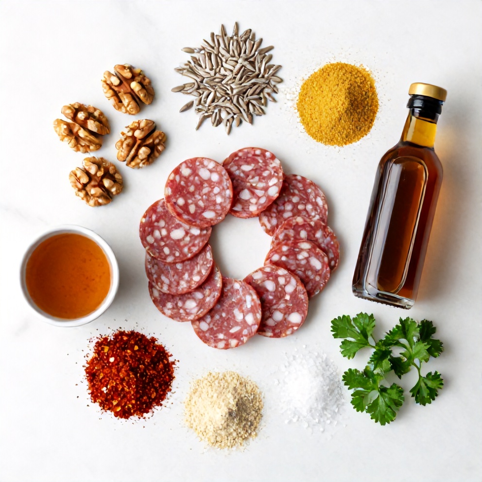 Raw ingredients for vegan salami recipe on a marble surface