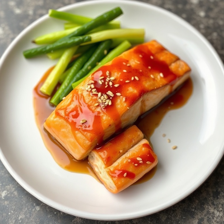 Perfectly plated honey glazed salmon with a drizzle of glaze and a sprinkle of sesame seeds. Served on a white ceramic plate with a side of steamed vegetables.