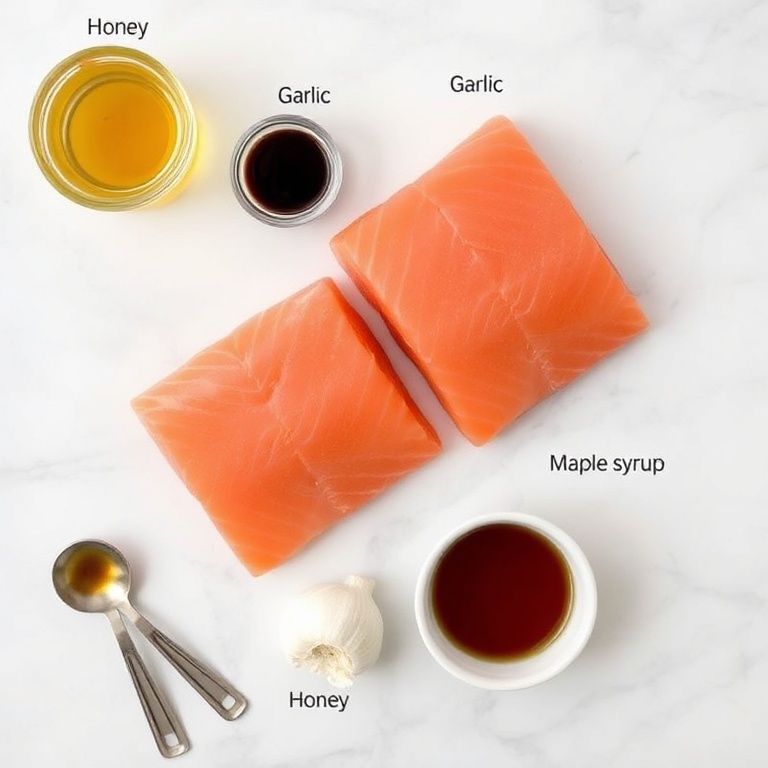 Salmon fillets, honey, soy sauce, garlic, and maple syrup arranged in an overhead flat lay. Measuring spoons and bowls visible on white marble surface.
