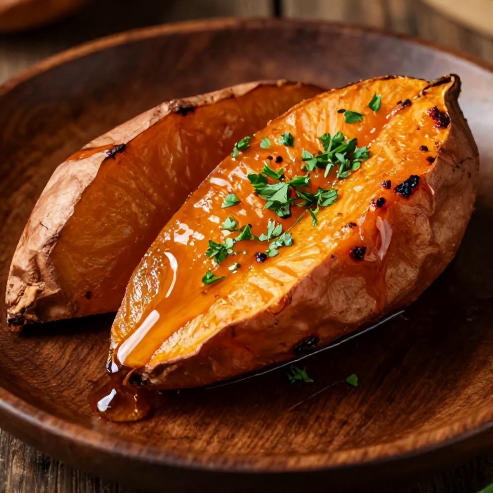 Plated honey roasted sweet potatoes with a drizzle of honey and a sprinkle of fresh parsley