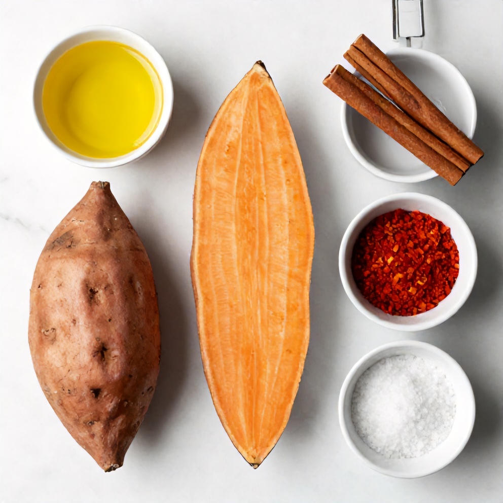 Raw sweet potatoes, honey, cinnamon, paprika, and olive oil arranged in a flat lay
