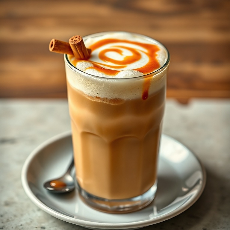A perfectly plated iced caramel latte with a swirl of caramel sauce on top. A cinnamon stick adds a finishing touch.