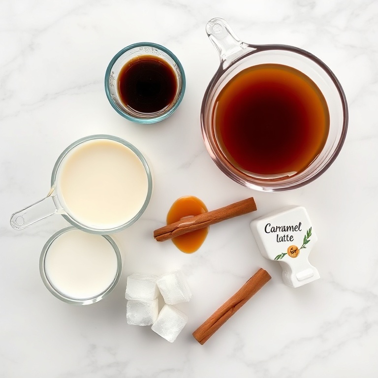 Raw ingredients for an iced caramel latte: cold brew coffee, milk, caramel sauce, ice cubes, and a cinnamon stick. Measuring cups and a mixing bowl nearby.