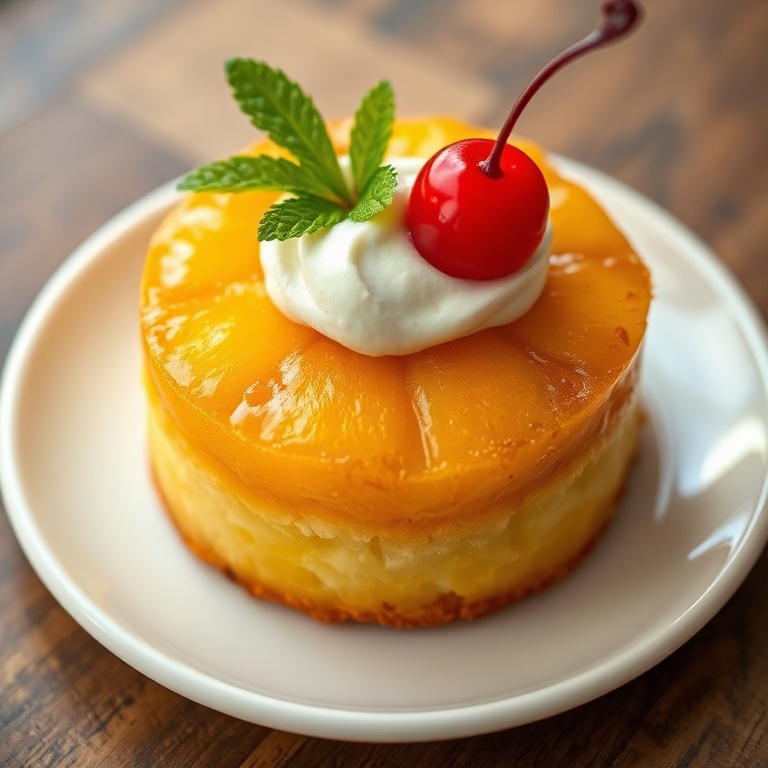 A plated single pineapple upside down cake topped with mascarpone and a cherry, shown on a white dessert plate with syrup pools under warm lighting