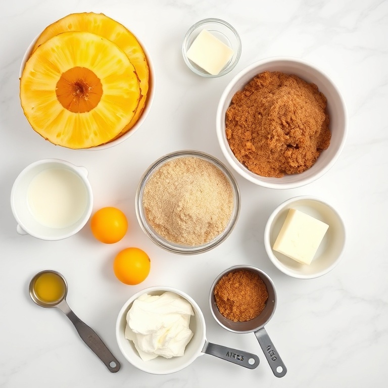 Overhead view of whole pineapple rings, eggs, mascarpone cheese, brown sugar, flour, and butter on a white marble counter with measuring cups and bowls