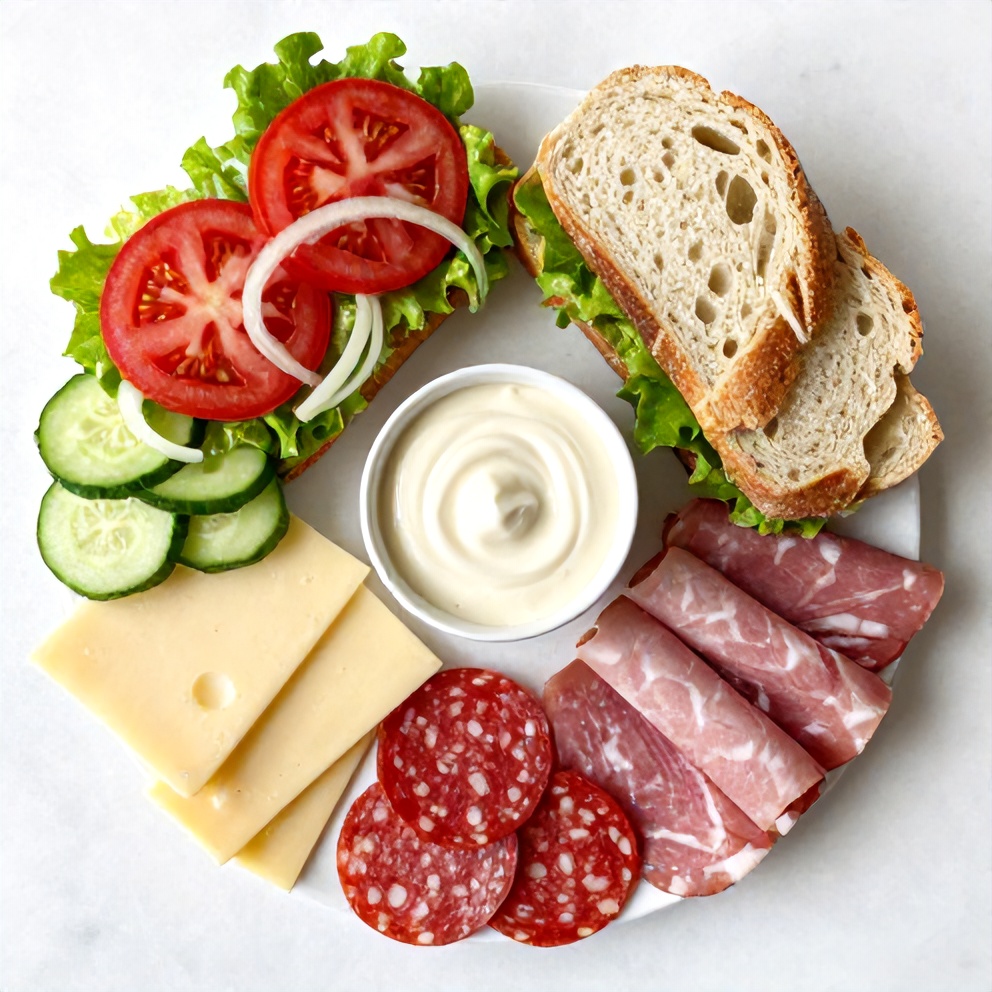 Italian grinder salad sandwich ingredients on a wooden board